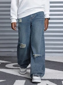 SHEIN Tween Boy Fashion Casual Vintage Cut Out Ripped Frayed Design Blue Denim Baggy Comfy Wide-Leg Jeans Boys Cool/Boys Thanksgiving Costume Dailywear And Fall/Winter - Blue - View 1