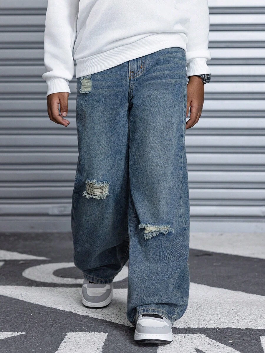 SHEIN Tween Boy Fashion Casual Vintage Cut Out Ripped Frayed Design Blue Denim Baggy Comfy Wide-Leg Jeans Boys Cool/Boys Thanksgiving Costume Dailywear And Fall/Winter - Blue - View 1