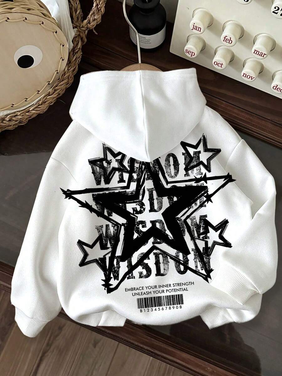 SHEIN Leap Crew Sudadera holgada con capucha de manga larga y ajuste suelto, estampado de estrella retro, para adolescentes y mujeres, estilo minimalista casual, parte trasera - Blanco - Ver 1
