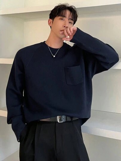 DAZY 男士纯色圆领长袖口袋休闲毛衣，秋冬商务装