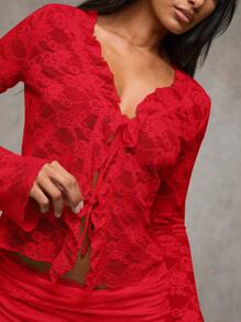 SHEIN BAE 黑色性感蕾丝甜美荷叶边前肩带透视上衣 女士/秋季女装/西装/牛仔女装 - 紅色 - 查看 7