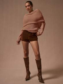 MUSERA Off Shoulder Folded Oversized Cable Knit Jumper Casual Cute Cosy Autumn Fall - Coral Pink - View 4