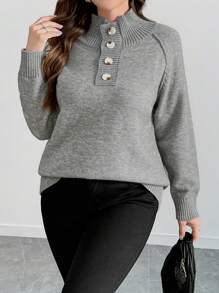 SHEIN LUNE Plus Plain Collar Button Casual Long Sleeve Sweater For Winter Knit Pullover Fall - Grey - View 5