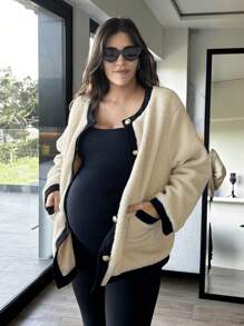 SHEIN 孕妇秋冬休闲撞色绑带纽扣前开襟泰迪熊大衣 - 杏色 - 查看 6