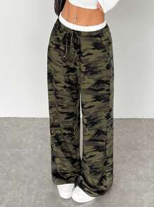 Muchica Women's Casual Camo Drawstring Waist Sweatpants, For Outdoor Wear - Army Green - View 4