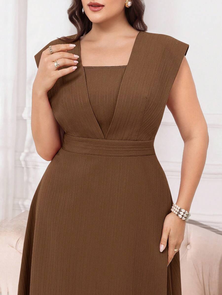 Modelyn Đầm dự tiệc cổ vuông tay ngắn cỡ lớn màu đỏ tía thanh lịch - Cà phê nâu - Xem 1