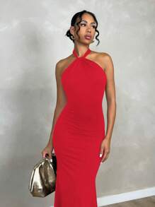Glamine 红色扭纹露背简约性感露背紧身连衣裙，情人节装扮，花园派对装扮