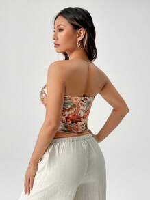 SHEIN PETITE Top tubo rojo con estampado floral abstracto borroso, con abertura frontal media, de seda de hielo y cómodo, para usar en vacaciones, tardes de té, Día de San Valentín, temporada de graduación
