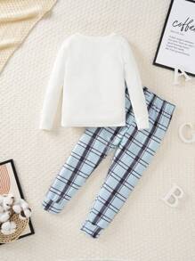 SHEIN Young Boys Minimalist Casual High Elastic Pale Blue Plaid Snug Fit Homeware Set - Long Pants And Long Sleeve Top, 2pcs