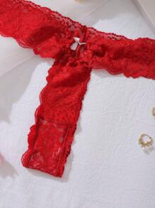 SHEIN 女士性感蕾丝圆圈装饰纯色丁字裤内衣 - 酒紅色 - 查看 3