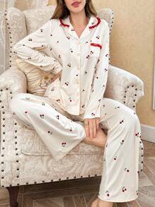 CottageSlumber CottageSlumber 2pcs/Set Women Contrast Color Lace Trim Collar Button Front Cardigan And Cherry Print Long Pants Pajama Set