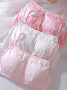 3pcs Tank Top & Bra Set, Removable Pads, Lace Trim, Soft, Lightweight, Cloud-Like, Girls Lingerie, Pink, White - Multicolor - View 3