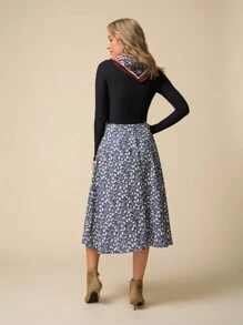 LanaWest Women's Navy Blue Ditsy Floral Corduroy Button Front A-Line Skirt