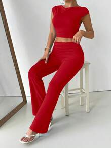 INAWLY 大码女式短袖上衣和阔腿裤两件套