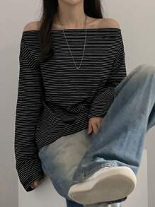 DAZY 女士露肩条纹宽松长袖 T 恤，春/夏/秋季