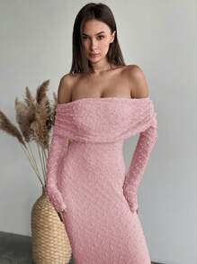 Aloruh Váy vải xếp ly tay dài bó sát trễ vai màu mơ cho nữ, thích hợp cho buổi hẹn hò lãng mạn, ngày lễ - Hồng - Xem 3