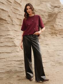Anewsta Women's Solid Color Woven Long Sleeve Casual & Resort T-Shirt, Spring - Burgundy - View 7