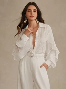 Anewsta 春季休闲纯色长袖编织常规衬衫上衣，女士商务休闲度假装