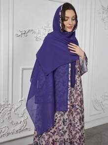 Al Najma Vestido con escote redondo, estampado con flores mixtas y ribete de color liso, con pañuelo para la cabeza, modesto