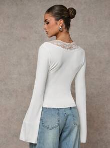 SHEIN BAE Ropa de invierno para mujer, cárdigan con top de encaje sexy de manga larga, top de Navidad