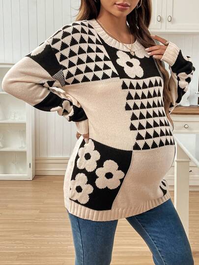 SHEIN Floral & Geometric Pattern Pregnant Women Long Sleeve Knitted Sweater, Winter