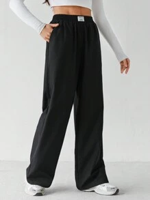 SHEIN Tall 基本款宽松休闲度假裤 黑色直筒裤 - 黑色 - 查看 3