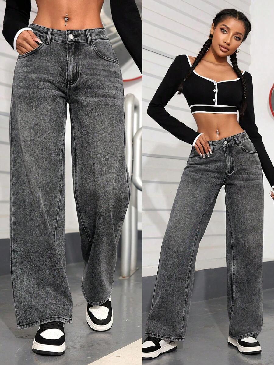 SHEIN PETITE Women's Distressed Washed Denim Jeans - Grey - View 1