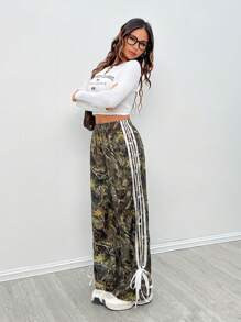 SHEIN PETITE Pantalones simples para diario con bloque de color e impresión para mujer - Multicolor - Ver 3