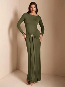 SHEIN BAE Coffee Brown Turtleneck Long Sleeve Bodycon Ruched Midi Dress For Women, Suitable For Cocktail Party, Date, Casual Layering, Party, Wedding, Halloween, Christmas