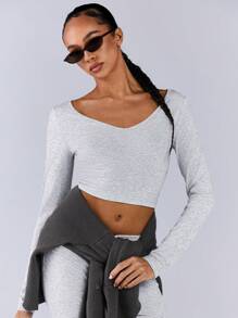 Athîral Women Casual Solid Color Long Sleeve Top And Leggings 2 Pieces Outfit - Light Grey - View 4