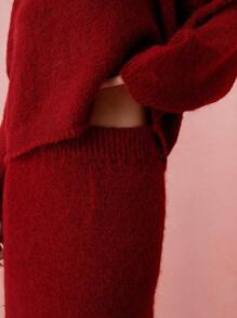 Enchnt 1 件纯色毛衣裙，简约，时尚，休闲，日常穿着 - 酒紅色 - 查看 6
