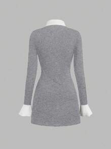 Lunelith SHEIN Lunessa Women Patchwork Turn-Down Collar Long Sleeve Short Casual Dress