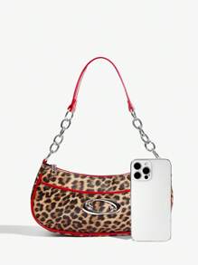 SHEIN ICON 女士时尚复古潮流街头风格性感豹纹拼布红色单肩包、HOBO 包