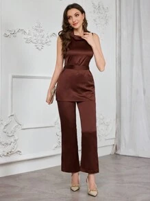 Modelyn 2pcs Women Solid Color Deep V-Neck Sleeveless Blouse And Flare Pants Set, Elegant 2 Pieces Set - Brown - View 6