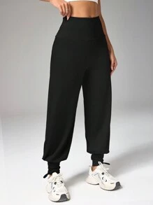 Easithlete Pantalones deportivos casuales de cintura alta con bolsillo de color liso para uso diario de mujer - Negro - Ver 7