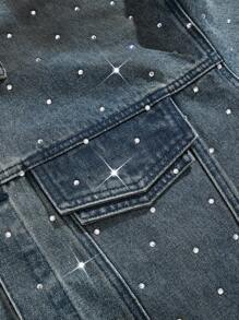 ROMWE MEN Street Life Men's Distressed Stone Washed Denim Jacket With Rhinestones, Street Style - Blue - View 2