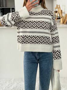 EURMUSE Oversized Turtleneck Fair Isle Pattern Winter Sweater - Beige - View 3
