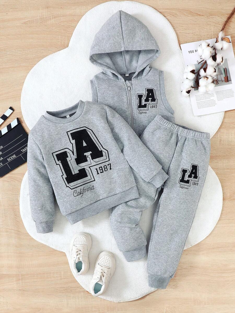 2 件装年轻男孩拉链前无袖连帽背心上衣和裤子休闲套装