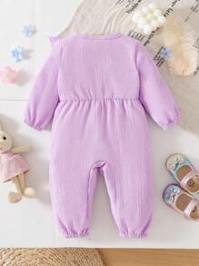 SHEIN BABYGIRL Autumn/Spring Purple Romper With Funny Multi-Color Floral Decoration, Single Side Ruffle Hem, Daily Wear Essential