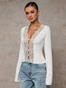 SHEIN BAE Ropa de invierno para mujer, cárdigan con top de encaje sexy de manga larga, top de Navidad