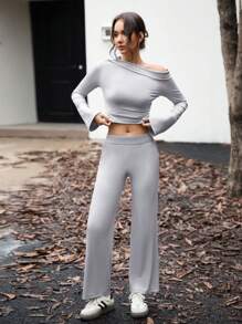 INAWLY 2 pièces Femmes Ensemble Top Évasé à Col Asymétrique et Pantalon de Couleur Unie, pour l'Automne - Gris pâle - Voir 1