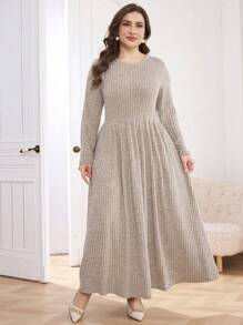 Mulvari Vestido casual de línea A con cuello redondo, manga larga, plisado, bolsillos y textura suave para mujer de talla grande, para uso diario en el hogar. Elegante atuendo de mujer para otoño/invierno, vestido largo