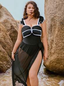 Swim Oasis Plus Size 2pcs Swimwear Set In Black & White - Frill Strap Bowknot One Piece Swimsuit With Matching Cover-Up Skirt, Casual & Resort Wear Summer - Black - View 1