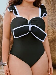 Swim Oasis Plus Size 2pcs Swimwear Set In Black & White - Frill Strap Bowknot One Piece Swimsuit With Matching Cover-Up Skirt, Casual & Resort Wear Summer - Black - View 4