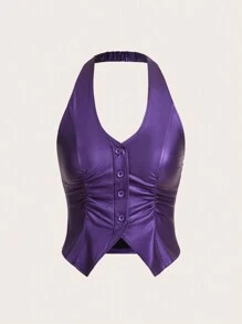 SHEIN ICON Button Front Backless PU Leather Halter Black Corset Top - Purple - View 1