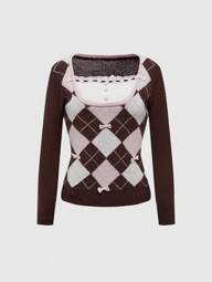 ROMWE Kawaii Y2K 대학 스타일 다이아몬드 & 리본 디테일 핏팅 니트 스웨터