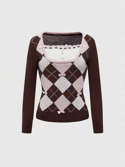 Kawaii Suéter de punto entallado con detalles de diamante y moño en estilo universitario Y2K