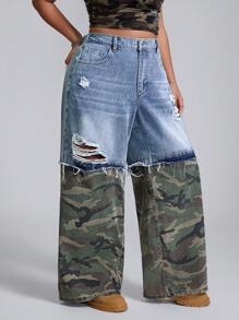 SHEIN ICON 大码拼布美式迷彩工装牛仔裤