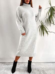 EURMUSE Damen einfarbiges Strickkleid mit Rollkragen und Langarm für Lässig, Herbst/Winter - Weiss - Übersicht 1