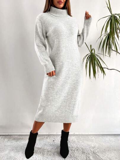 EURMUSE Kvinnor Enfärgad turtleneck långärmad Casual Stickad tröja klänning, höst/vinter